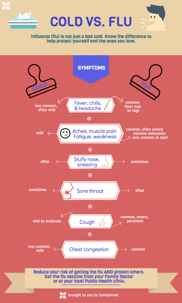 Cold vs. flu infographic. Accessible text to follow