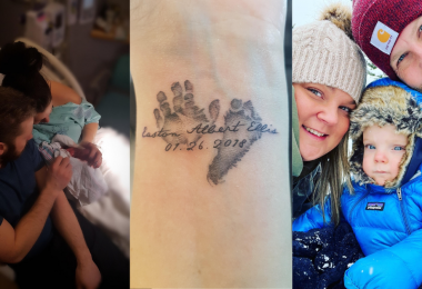 Collage: Lisa, Chris, and Easton. Lisa's tattoo. Lisa, Chris and Nash.