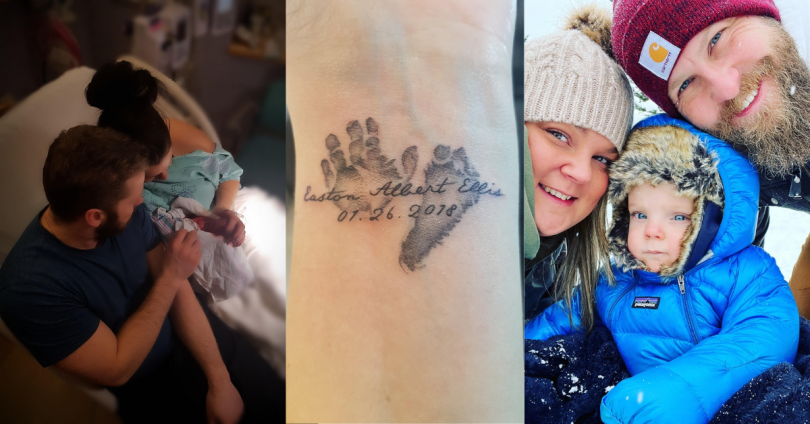 Collage: Lisa, Chris, and Easton. Lisa's tattoo. Lisa, Chris and Nash.
